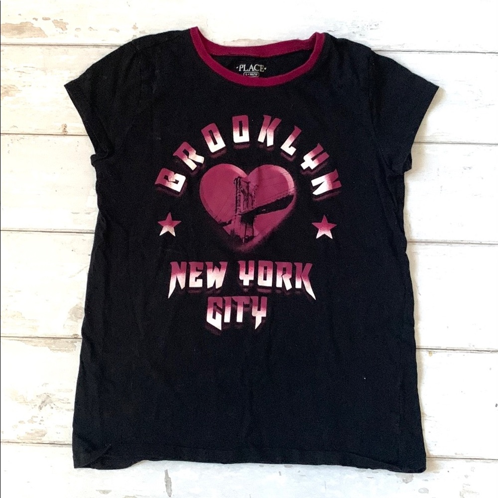 Girls 10/12 Brooklyn New York City Shirt Black Purple Short Sleeves 100% Cotton